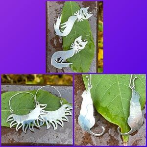 Lot of Three Pairs Sterling Silver Earrings Cats and Sun